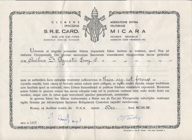 Latin document of authentication signed by Cardinal Micara