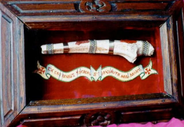 Forearm bone relic in a carved wooden frame with a hand painted ribbon label