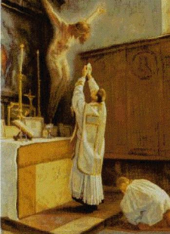 Painting of a priest elevating the Host at a traditional Latin Mass